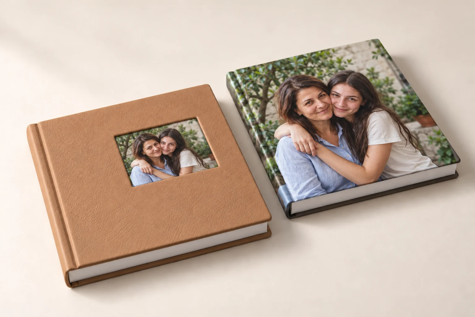 Două variante de album aniversar: piele biscuit cu o fereastră foto mică și copertă hardcover cu aceeași fotografie printată integral
