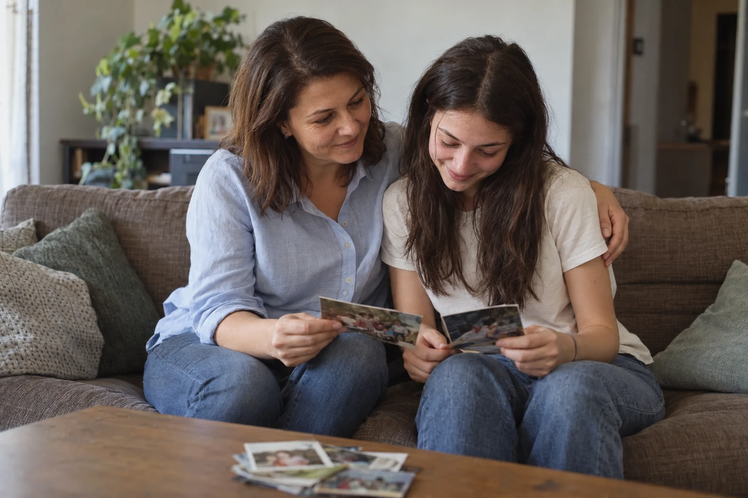 O mamă și fiica ei adolescentă, apropiate pe canapea, descoperă împreună fotografii din copilărie