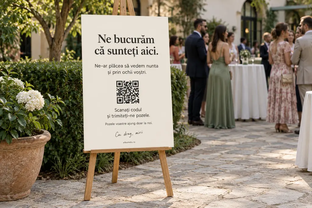 Panou cu un cod QR, pe un șevalet din lemn, la intrarea unei nunți în grădină.
